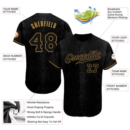Custom Black Snakeskin Black-Old Gold 3D Pattern Design Authentic Baseball Jersey
