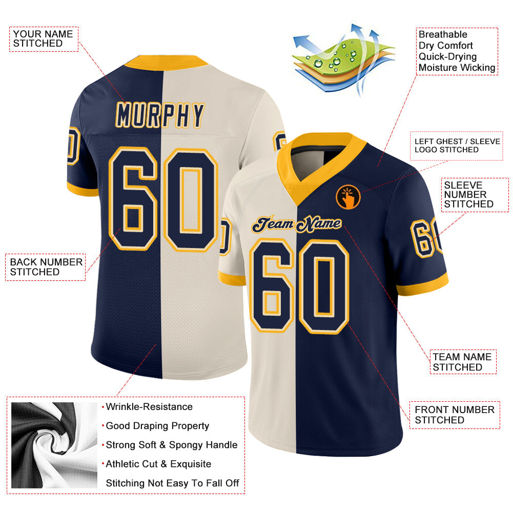 Custom Cream Navy-Gold Mesh Split Fashion Football Jersey