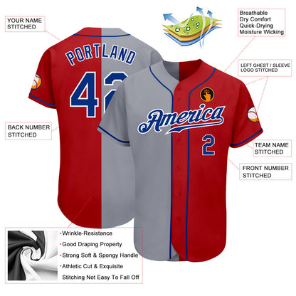 Custom Red Royal-Gray Authentic Split Fashion Baseball Jersey