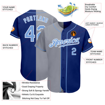 Custom Royal Light Blue-Gray Authentic Split Fashion Baseball Jersey