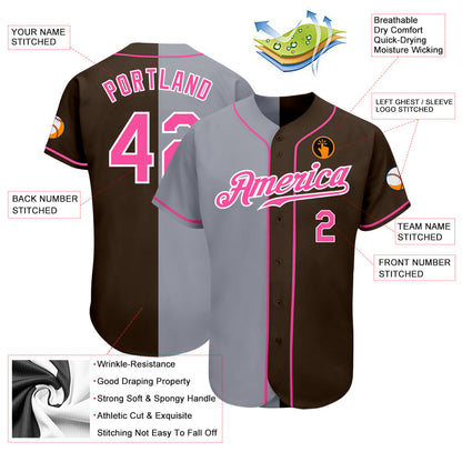 Custom Brown Pink-Gray Authentic Split Fashion Baseball Jersey