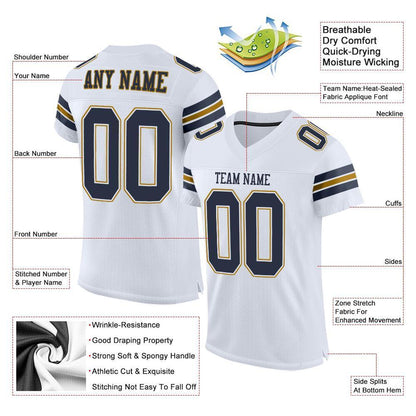 Custom White Navy-Old Gold Mesh Authentic Football Jersey