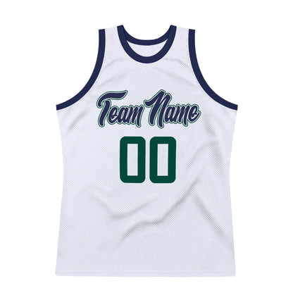 Custom White Hunter Green-Navy Authentic Throwback Basketball Jersey