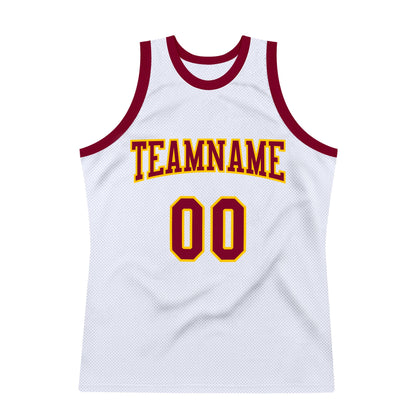 Custom White Maroon-Gold Authentic Throwback Basketball Jersey