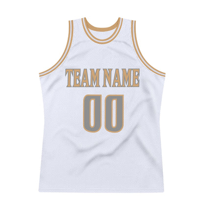 Custom White Steel Gray-Old Gold Authentic Throwback Basketball Jersey