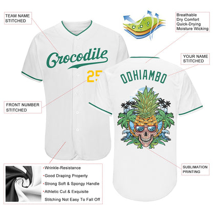 Custom White Kelly Green-Gold Authentic Skull Pineapple Head Baseball Jersey