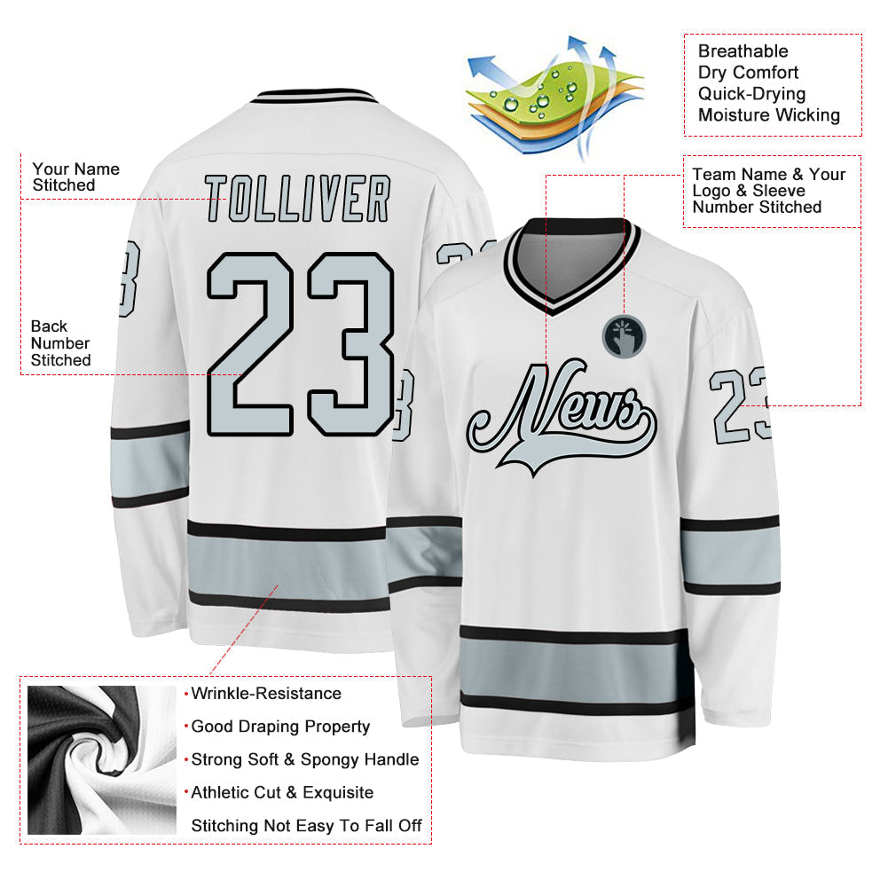 Custom White Silver-Black Hockey Jersey