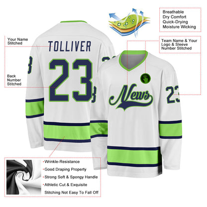 Custom White Navy-Neon Green Hockey Jersey