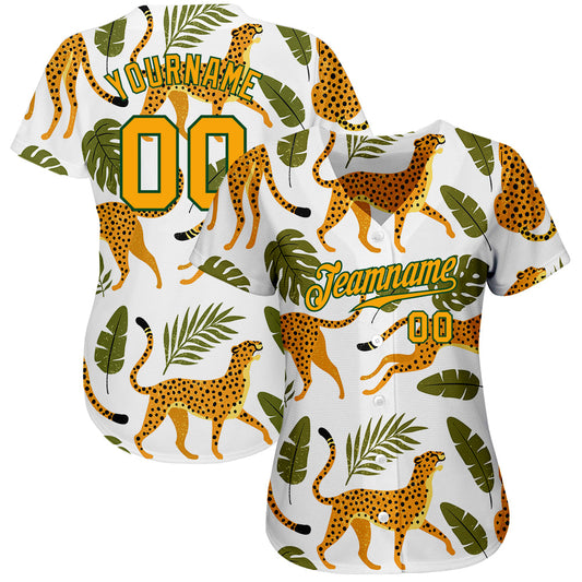 Custom White Gold-Green 3D Pattern Design Leopards And Tropical Palm Leaves Authentic Baseball Jersey