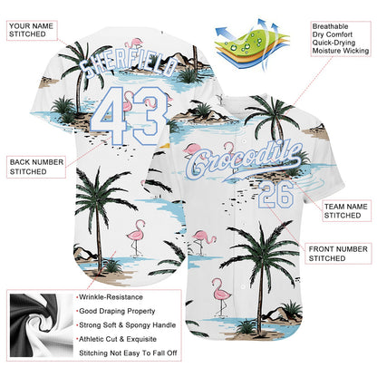 Custom White White-Light Blue 3D Pattern Design Hawaii Palm Trees Authentic Baseball Jersey